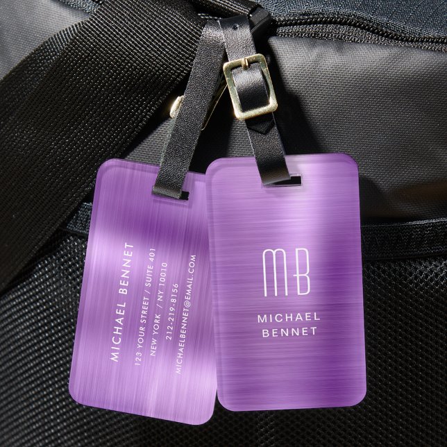 Elegantes, Mit Monogramm Lila gebürstetes Metall Gepäckanhänger (Elegant Monogrammed Purple Brushed Metal Luggage Tag)