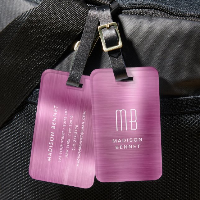 Elegantes Mit Monogramm rosa gebürstetes Metallic Gepäckanhänger (Elegant Monogrammed Pink Brushed Metallic Luggage Tag)