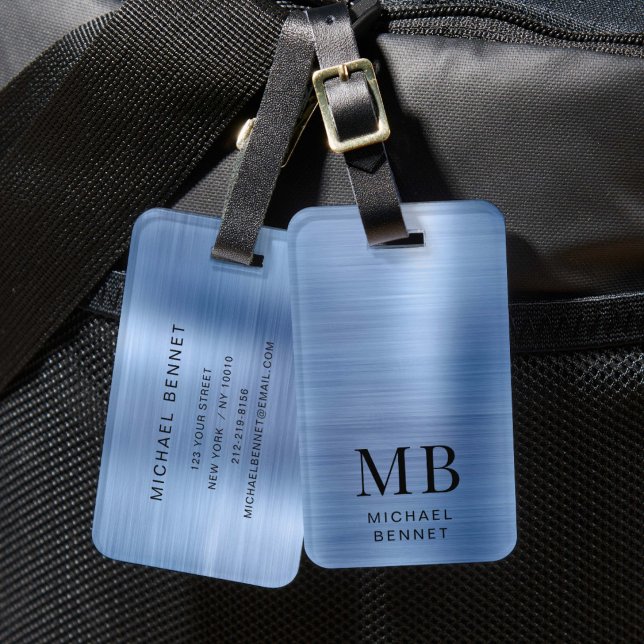 Elegantes, Mit Monogramm, rostfarbenes Metall Gepäckanhänger (Elegant Blue Brushed Metal Monogrammed Luggage Tag)