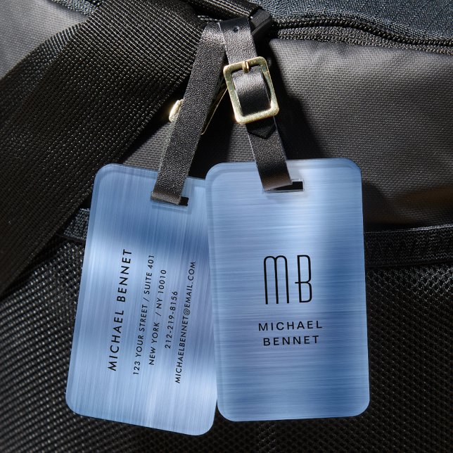 Elegantes, Mit Monogramm, rostfarbenes Metall Gepäckanhänger (Elegant Blue Brushed Metal Monogrammed Luggage Tag)