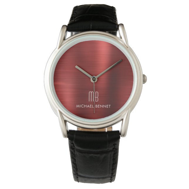 Elegantes Mit Monogramm Rot-Pinselmetallic Armbanduhr (Vorderseite)