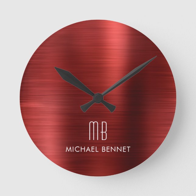 Elegantes Mit Monogramm Rot-Pinselmetallic Runde Wanduhr (Vorderseite)