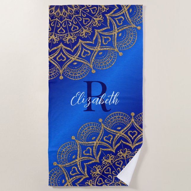 Elegantes Mit Monogramm Royal Blue und Gold Mandal Strandtuch (Vorderseite)