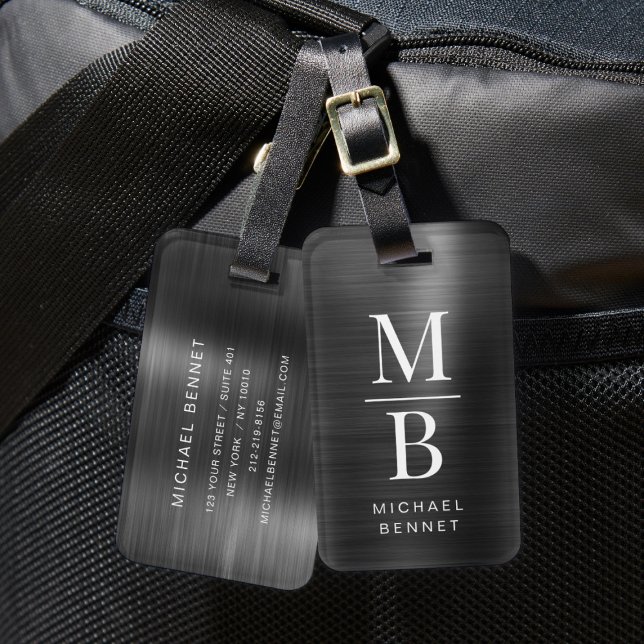Elegantes Mit Monogramm Schwarz-Bürstenmetall Gepäckanhänger (Elegant Monogrammed Black Brushed Metallic Luggage Tag)