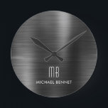 Elegantes Mit Monogramm Schwarz-Bürstenmetall Runde Wanduhr<br><div class="desc">Personalisierte elegante Mit Monogramm,  schwarz gebürstete Runduhr</div>