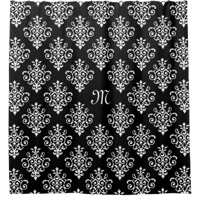 Elegantes Mit Monogramm Schwarz-Weiß-Damaskus-Must Duschvorhang (Vorderseite)