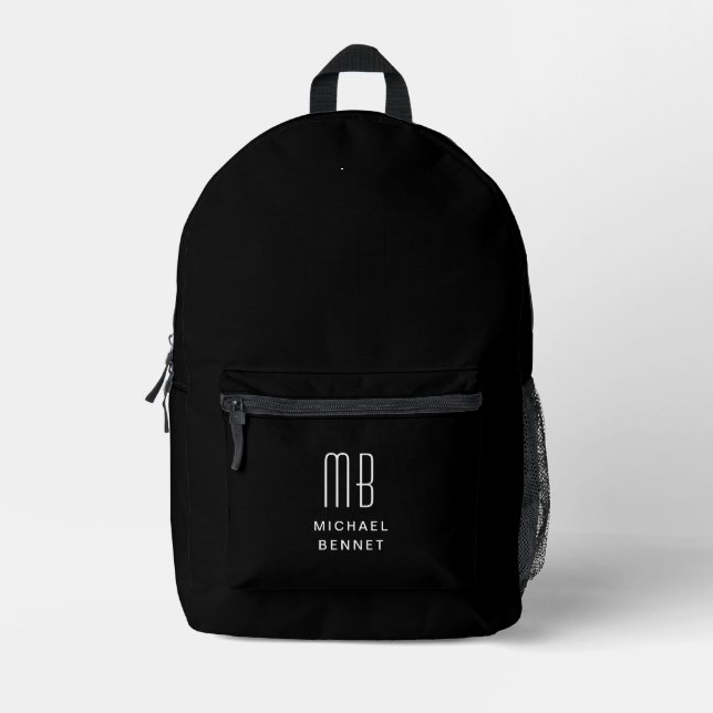 Elegantes Mit Monogramm Schwarzes Weiß Bedruckter Rucksack (Vorderseite)