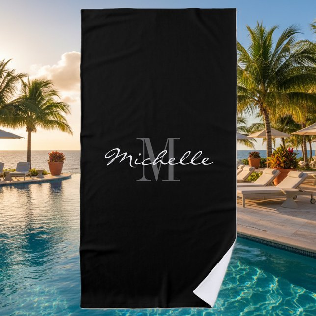 Elegantes mit Monogramm Schwarzweiss-Badetuch Strandtuch (monogrammed beach towel)