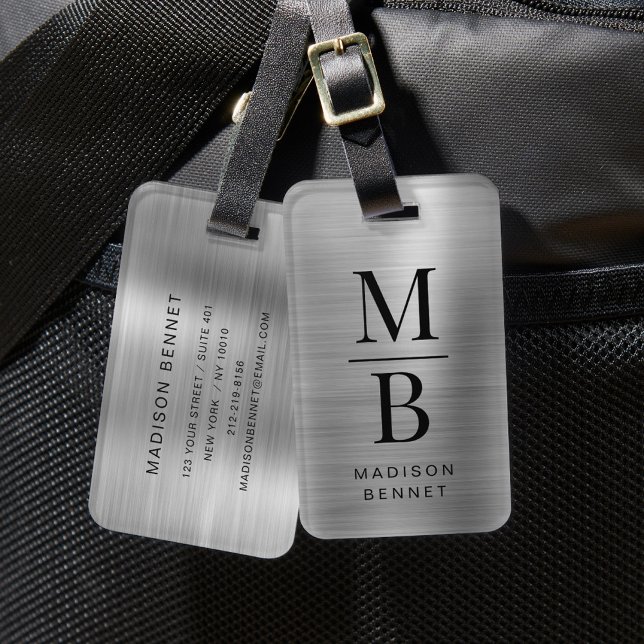 Elegantes, Mit Monogramm Silber gestreift Gepäckanhänger (Elegant Monogrammed Silver Brushed Metallic Luggage Tag)