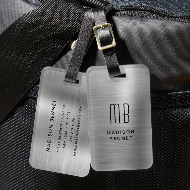 Elegantes, Mit Monogramm Silber gestreift Gepäckanhänger (Elegant Monogrammed Silver Brushed Metallic Luggage Tag)