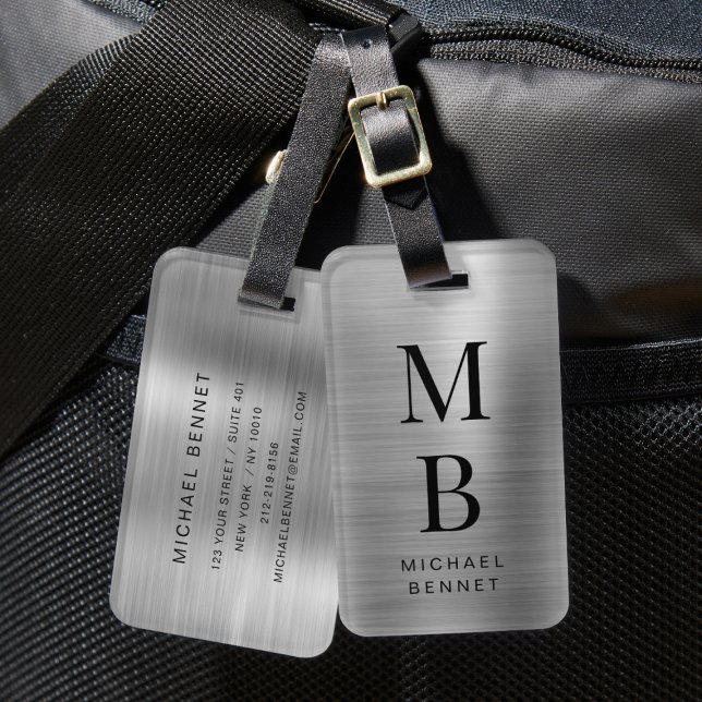 Elegantes, Mit Monogramm Silber gestreift Gepäckanhänger (Elegant Monogrammed Silver Brushed Metallic Luggage Tag)