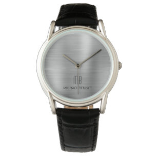 Elegantes Mit Monogramm Silber Grau gebürstetes Me Armbanduhr