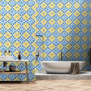 Elegantes Mittelmeer-Blau-Gelb-Fliesenmuster Tapete