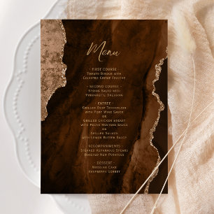 Elegantes Mocha-Braun-Gold-Achat-Hochzeitsmenü Menükarte