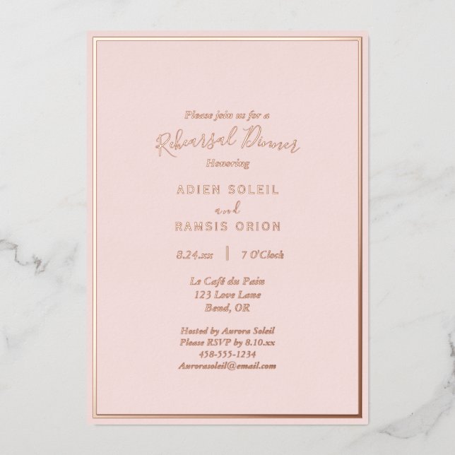 Elegantes Modern Blush Rose Probe Abendessen Folieneinladung (Vorderseite)