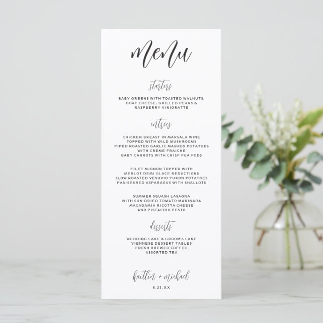 Elegantes Modern Fun Wedding Menu | 4 x 9 | Schwar Menükarte (Stehend Vorderseite)