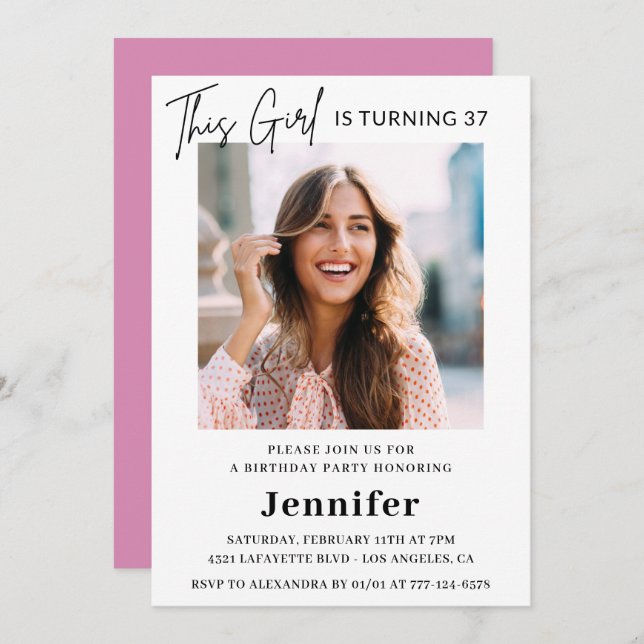 Elegantes Modern Pink Foto 37. Geburtstag Einladung (Vorne/Hinten)