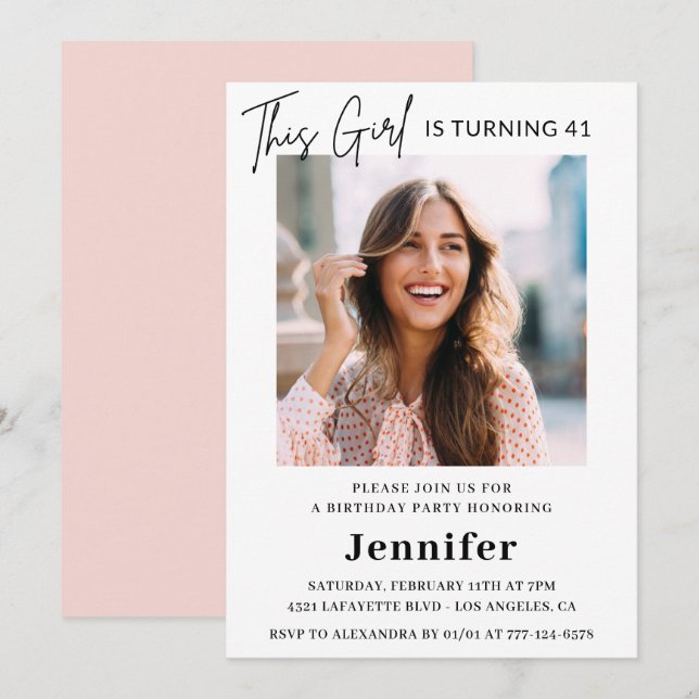 Elegantes Modern Pink Foto 41. Geburtstag Einladung (Vorne/Hinten)