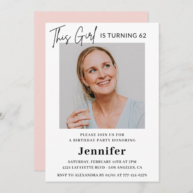 Elegantes Modern Pink Foto 62. Geburtstag Einladung (Vorne/Hinten)