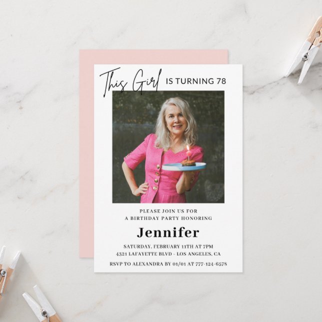 Elegantes Modern Pink Foto 78. Geburtstag Einladung (Vorderseite/Rückseite Beispiel)
