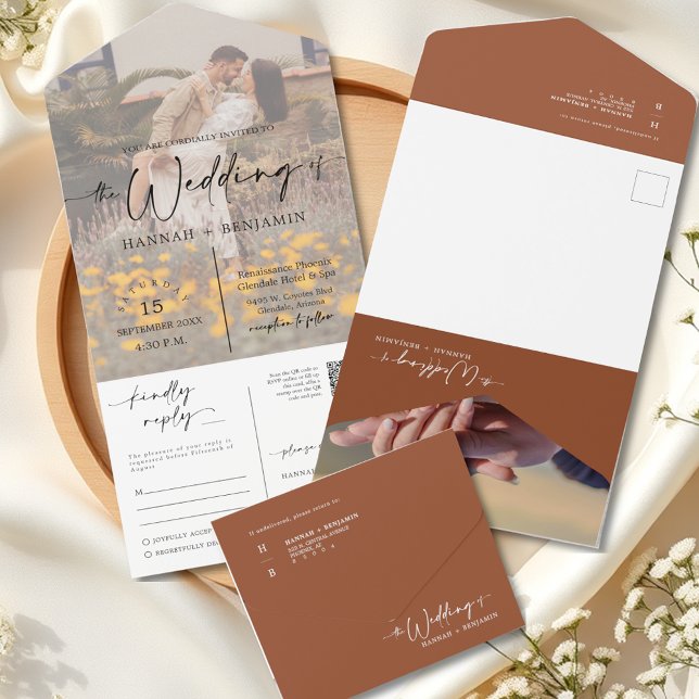 Elegantes Modern Terracotta Boho Arch QR Code Foto All In One Einladung (Von Creator hochgeladen)