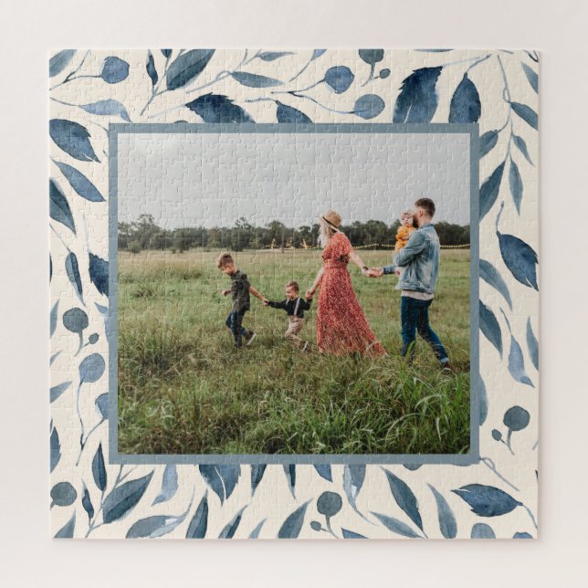 Elegantes Modern Watercolor Blätter Blaues Foto Puzzle (Vertikal)