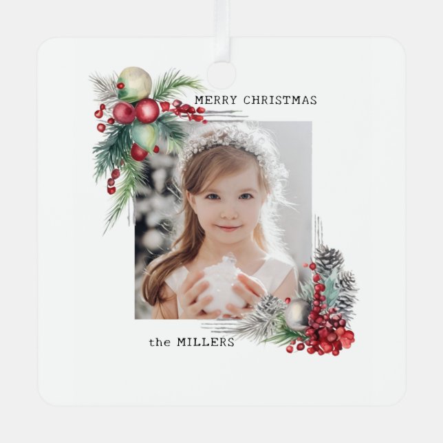 Elegantes Modern Watercolor Weihnachten Foto Ornament Aus Metall (Vorderseite)