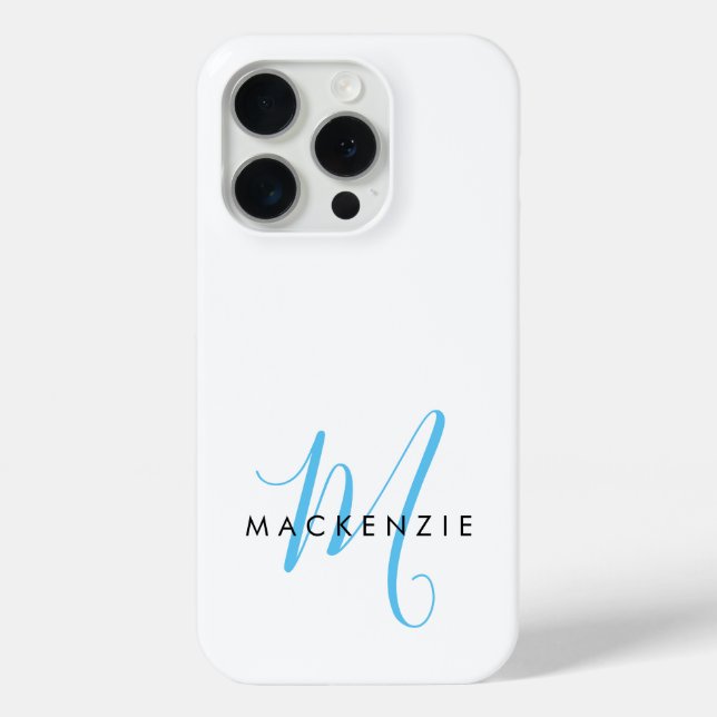 Elegantes Modern White Sky Blue Script Monogram Case-Mate iPhone Hülle (Rückseite)