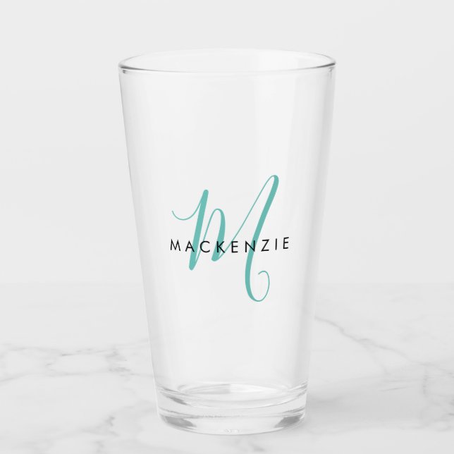 Elegantes, modernes Aquamarines Script Monogram Glas (Vorderseite)