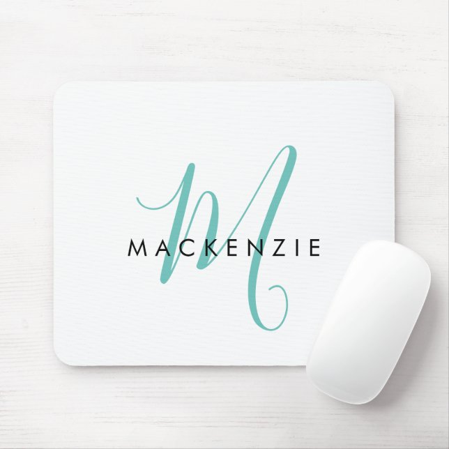Elegantes, modernes Aquamarines Script Monogram Mousepad (Mit Mouse)