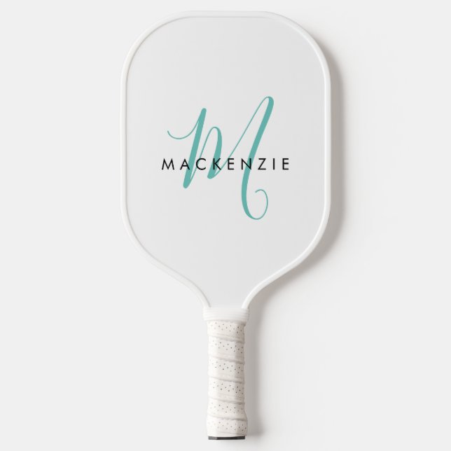 Elegantes, modernes Aquamarines Script Monogram Pickleball Schläger (Vorderseite)