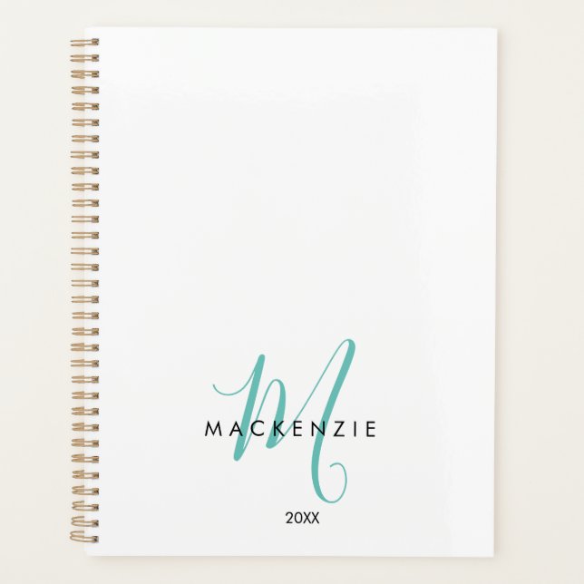 Elegantes, modernes Aquamarines Script Monogram Planer (Vorderseite)