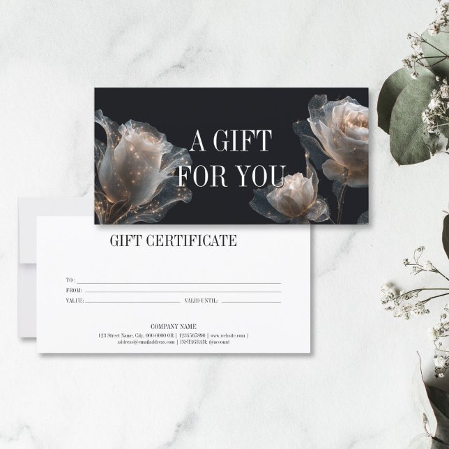 Elegantes modernes Berufliches Geschenkgutschein (elegant glitter white rose on the black background, gift certificate)