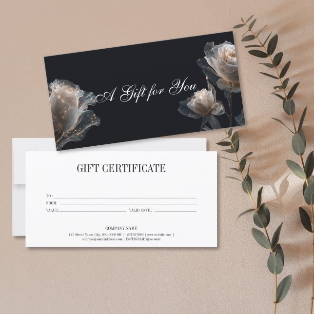 Elegantes modernes Berufliches Geschenkgutschein (elegant glitter white rose on the black background, gift certificate)