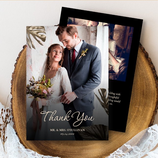 Elegantes modernes Black Gold Botanical Wedding Fo Dankeskarte (Von Creator hochgeladen)