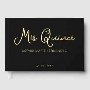 Elegantes, modernes Black Gold Foto Quinceañera Gästebuch