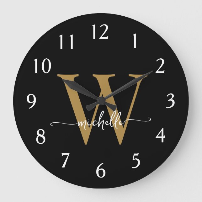 Elegantes, modernes Black Gold Monogram Name Scrip Große Wanduhr (Vorderseite)