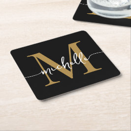 Elegantes, modernes Black Gold Monogram Name Scrip Rechteckiger Pappuntersetzer