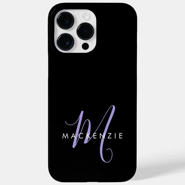 Elegantes, modernes Black Lavender Script Monogram Case-Mate iPhone Hülle (Rückseite)