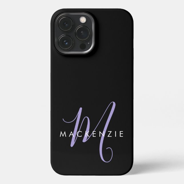 Elegantes, modernes Black Lavender Script Monogram iPhone Hülle (Rückseite)