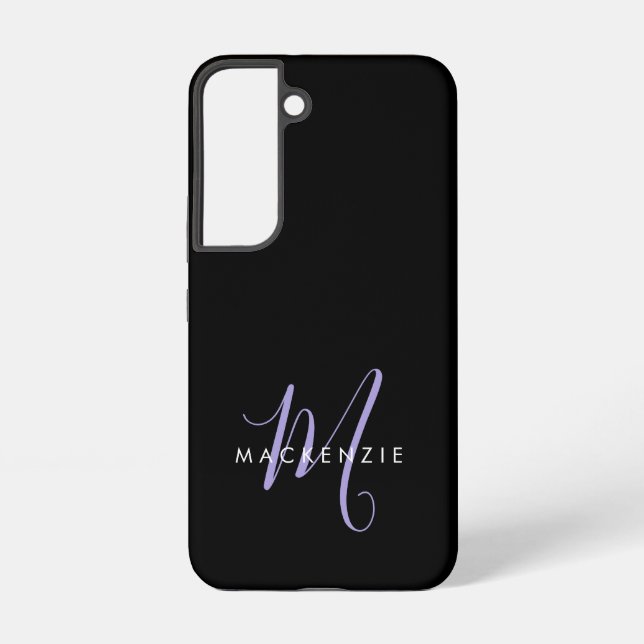 Elegantes, modernes Black Lavender Script Monogram Samsung Galaxy Hülle (Rückseite)