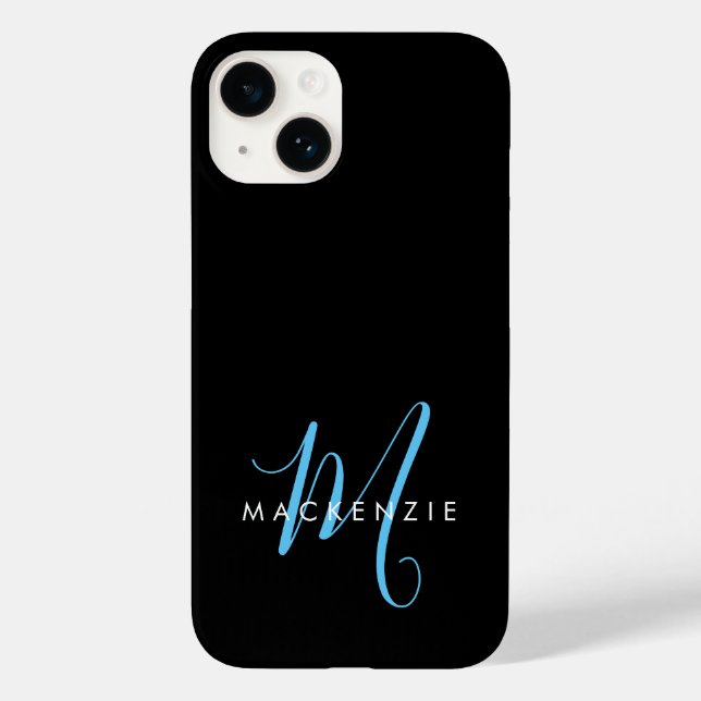 Elegantes, modernes Black Sky Blue Script Monogram Case-Mate iPhone Hülle (Rückseite)