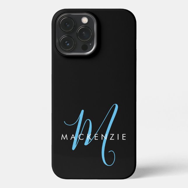 Elegantes, modernes Black Sky Blue Script Monogram iPhone Hülle (Rückseite)