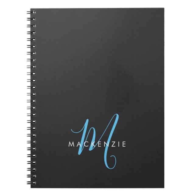 Elegantes, modernes Black Sky Blue Script Monogram Notizblock (Vorderseite)