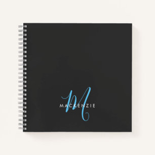 Elegantes, modernes Black Sky Blue Script Monogram Notizbuch