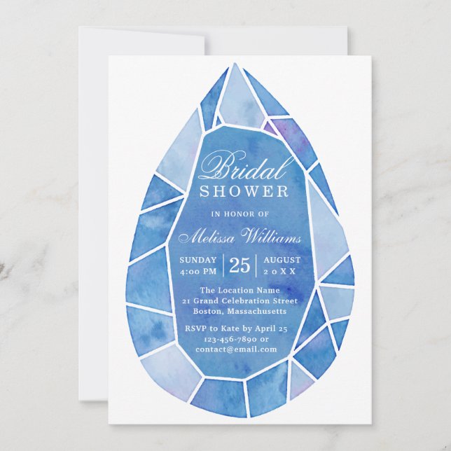 Elegantes, modernes Blue Watercolor Gem Brautparty Einladung (Vorderseite)