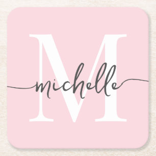 Elegantes modernes Blush-Rosa Monogramm Namensschr Rechteckiger Pappuntersetzer