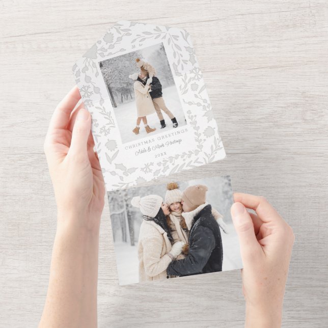 Elegantes modernes botanisches Foto-Silber All In One Einladung (Abreißen)