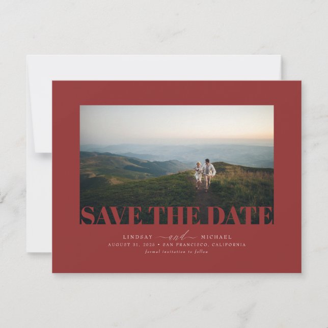 Elegantes modernes Burgund-Rot-Save the Date-Foto Save The Date (Vorderseite)