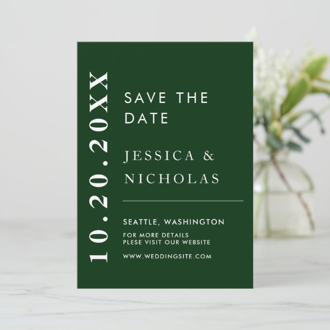 Elegantes modernes Emerald Green Simple Wedding Fo Save The Date (Stehend Vorderseite)